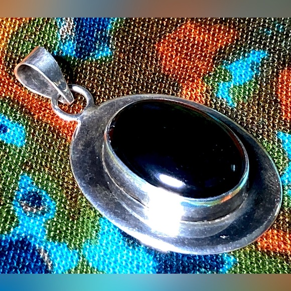 Large Onyx Pendant Stamped ATI MEXICO Vintage Mexican Silver | All Seeing Eye - Picture 11 of 16